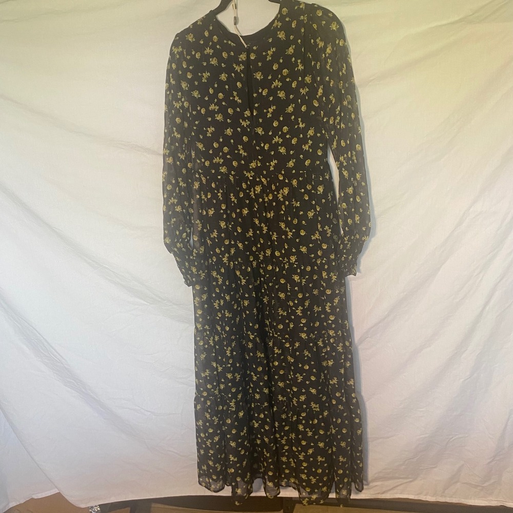 Ottod'Ame Black Yellow Rose Floral Metallic Tiered Maxi Dress Made in Italy Sz 6